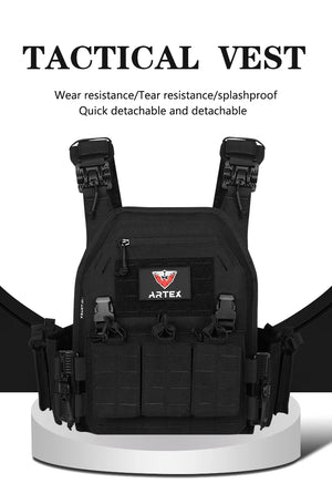 Black Artex vest on a stand; maker lists tear and splash resistance