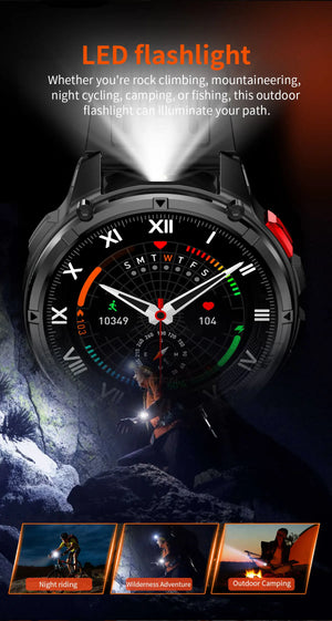 Black smartwatch with LED flashlight lit above Roman numeral dial, plus night riding and camping scenes
