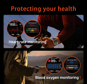 Cyclist and hiker wearing the watch with round screen close-ups showing wellness readings