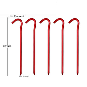 Five red hook tent stakes, 180 mm long with a 36 mm hook