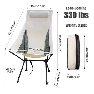 High back camping chair size: 22.4 in wide, 41.3 in tall, holds 330 lb