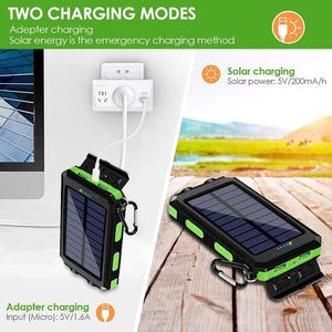 Green TrailCell charging from a wall plug and in the sun on a wooden deck