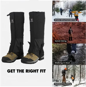 Black gaiters on boots next to snow, sand, mud and hunting scenes