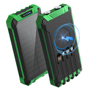 Green solar power bank, solar panel side and back with wireless pad and four fold-in cables