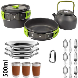 Green 3-person set with 500 ml cups, plates and folding utensils