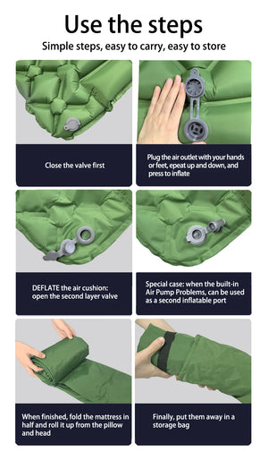 How to use: close the valve, press the pump, open the second valve to let air out, roll it up