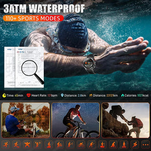 Swimmer underwater wearing a black smartwatch, with water test graphic and fishing, cycling and climbing photos
