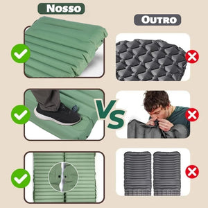 Our pad next to a flat pad: thick tubes, foot pump, and snap joining