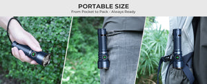 Hand holding the flashlight; flashlight clipped to a pocket and a backpack