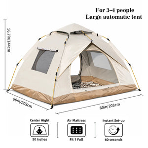 White large tent for 3-4 people, 80 x 80 in, 56.7 in tall, fits one full air bed