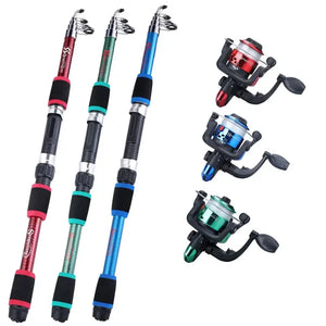 Red, green and blue telescopic rods with matching spinning reels