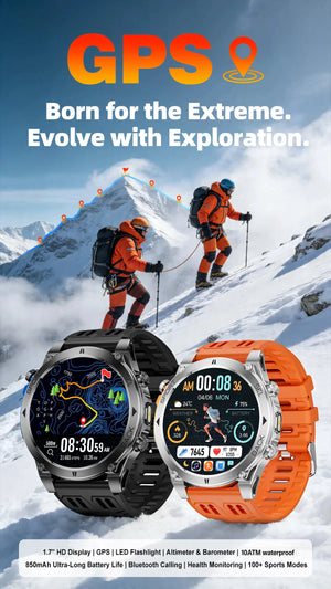 Two hikers on a snowy peak; black watch with topo map face and silver watch with orange band in the snow