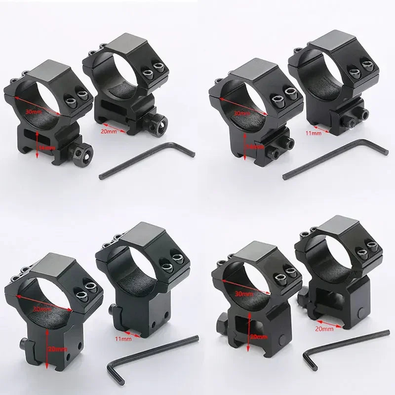 Four pairs of black SteadyRing scope rings in low and high heights, each with a hex key