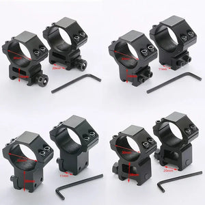 Four pairs of black SteadyRing scope rings in low and high heights, each with a hex key