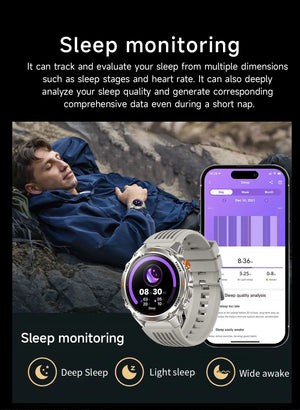 Man resting on rocks; grey-band smartwatch showing a sleep screen beside a phone sleep app