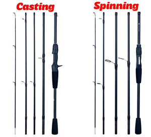 Casting and spinning travel fishing rod sections side by side