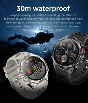 Grey-band and black-band smartwatches with scuba diver silhouettes underwater behind them
