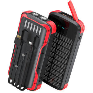 Red solar charger, back with four built-in cables and front solar panel with the port cover open