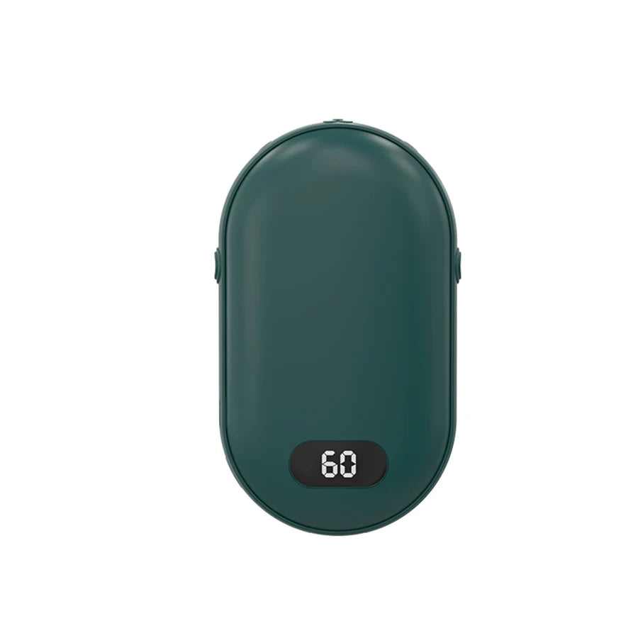 Green rechargeable hand warmer with digital screen showing 60, front view