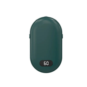 Green rechargeable hand warmer with digital screen showing 60, front view