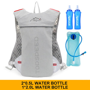 Gray hydration vest with two soft bottles and a 2L water bladder