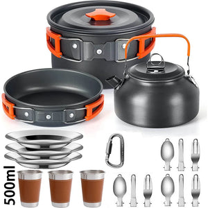 Orange 3-person cook set with 500 ml cups, plates, folding utensils and carabiner
