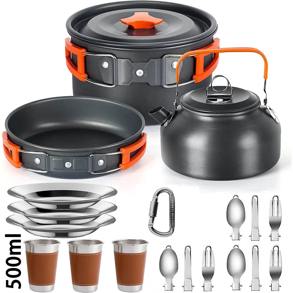 Orange 3-person cook set with 500 ml cups, plates, folding utensils and carabiner