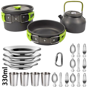 Green 4-person set with 330 ml cups, plates and folding utensils