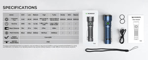 Spec table with output levels and runtimes; flashlight, cord, lanyard, O-rings and manual