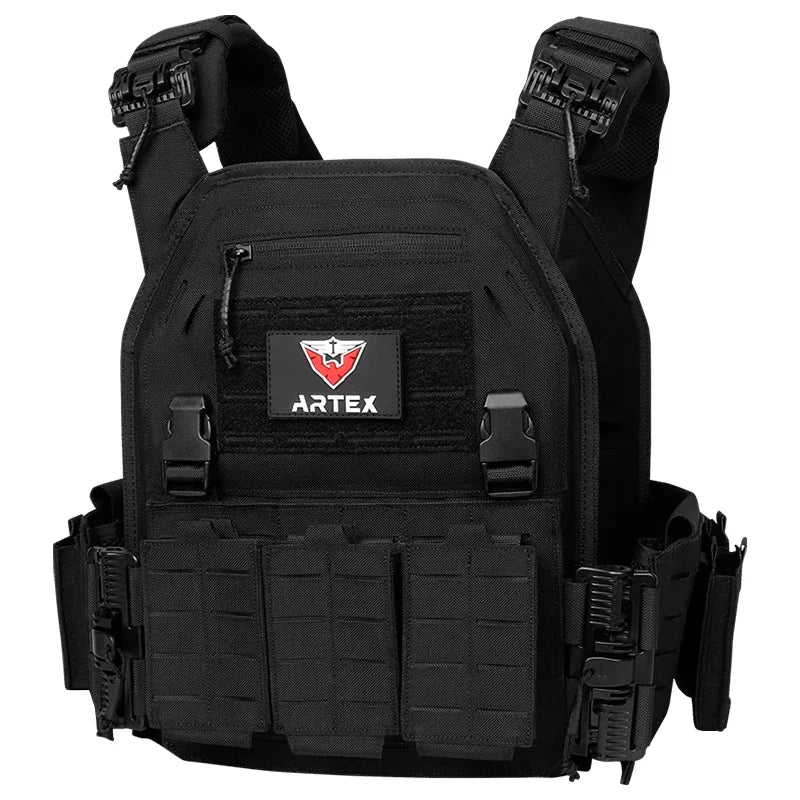Player buckling the black quick-release airsoft vest with laser-cut MOLLE panels at an outdoor field