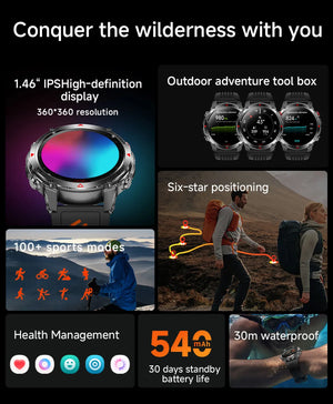 Feature grid with watch display, outdoor tool screens, hikers on a route, sport icons, battery and swim tiles