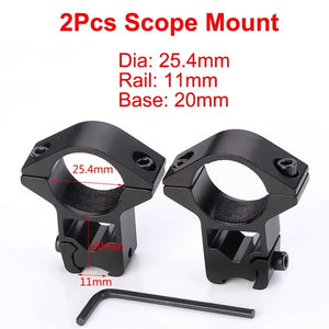 SteadyRing size chart: 1 inch (25.4mm) tube, 11mm dovetail rail, 20mm base