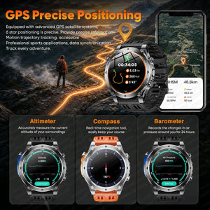 GPS route screen on black-band watch beside phone map, with altimeter, compass and barometer screens below