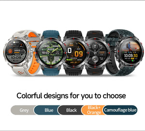 Five smartwatches side by side with grey, blue, black, black and orange, and blue camouflage bands