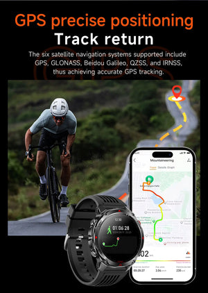 Black smartwatch showing a walking workout track next to a phone route map and a road cyclist