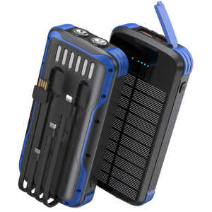 Blue solar charger, back with four built-in cables and front solar panel with the port cover open