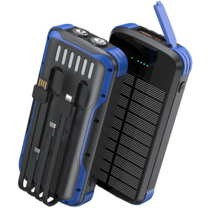 Blue solar power bank with four built-in cables, two top lights and a solar panel