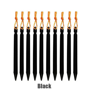 Ten black Y-beam tent stakes with pull cords