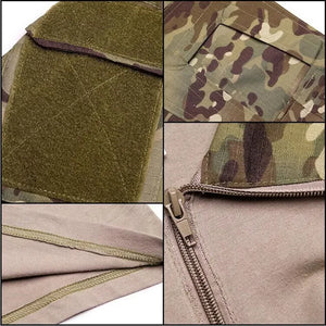 Close-up of the StealthWeave shirt: hook-and-loop patch panel, arm pocket, hem stitching and zipper