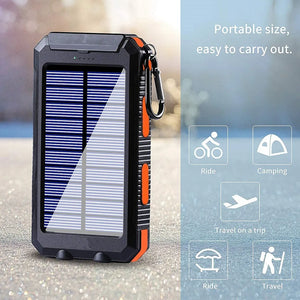Orange TrailCell solar power bank with carabiner, with icons for riding, camping, travel and hiking