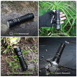 Flashlight on wet rock, in a gloved hand, in leaves and on cracked ground