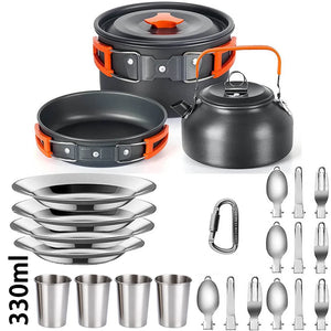 Orange 4-person set with 330 ml cups, plates and folding utensils