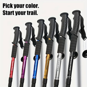 Six RidgeWalk trekking poles lined up by color: red, purple, blue, gold, silver and black