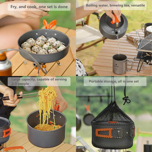 Frying dumplings, pouring from the kettle, cooking noodles, and the mesh storage bag