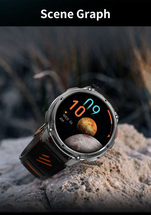 Smartwatch with black and orange band showing planet dial, resting on a rock outdoors
