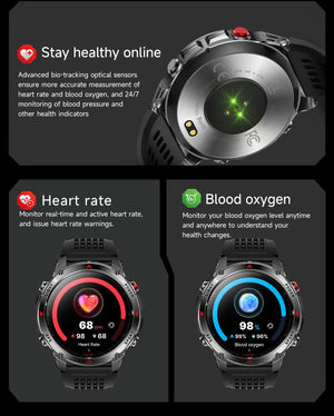 Watch caseback with green sensor lights and charging pins, plus two watch screens with round gauges
