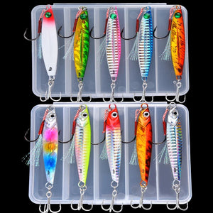Two clear lure boxes holding ten metal jigs