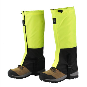 Neon yellow and black DriftPeak leg gaiters on hiking boots