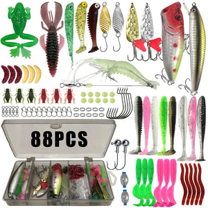 88-piece fishing lure kit laid out with its clear tackle box