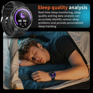 Black smartwatch on black band showing sleep time screen, worn by a man sleeping in a tent